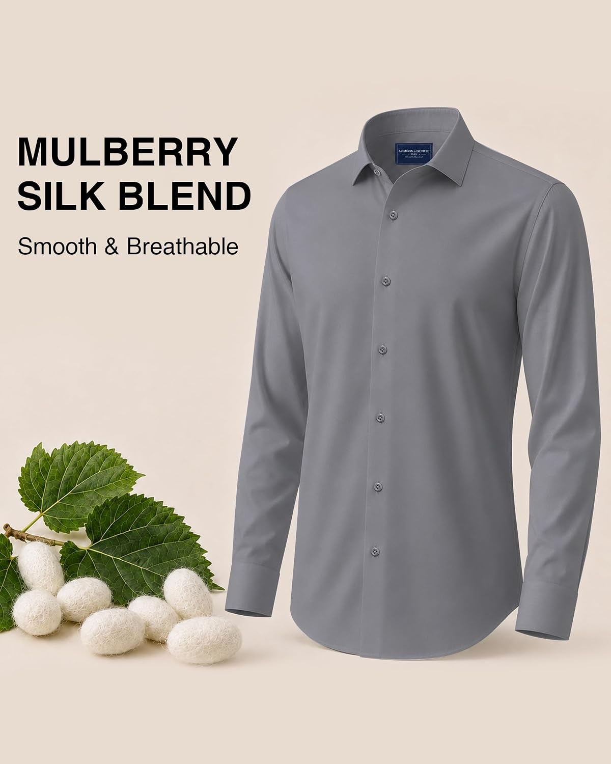 image:imageMens SilkBlend Dress Shirt Long Sleeve Regular Fit Button Down Shirts Silkblend fabric Stain shield French placket Wrinkle resistance Removable collar stays Twobutton adjustable cuffsGrey