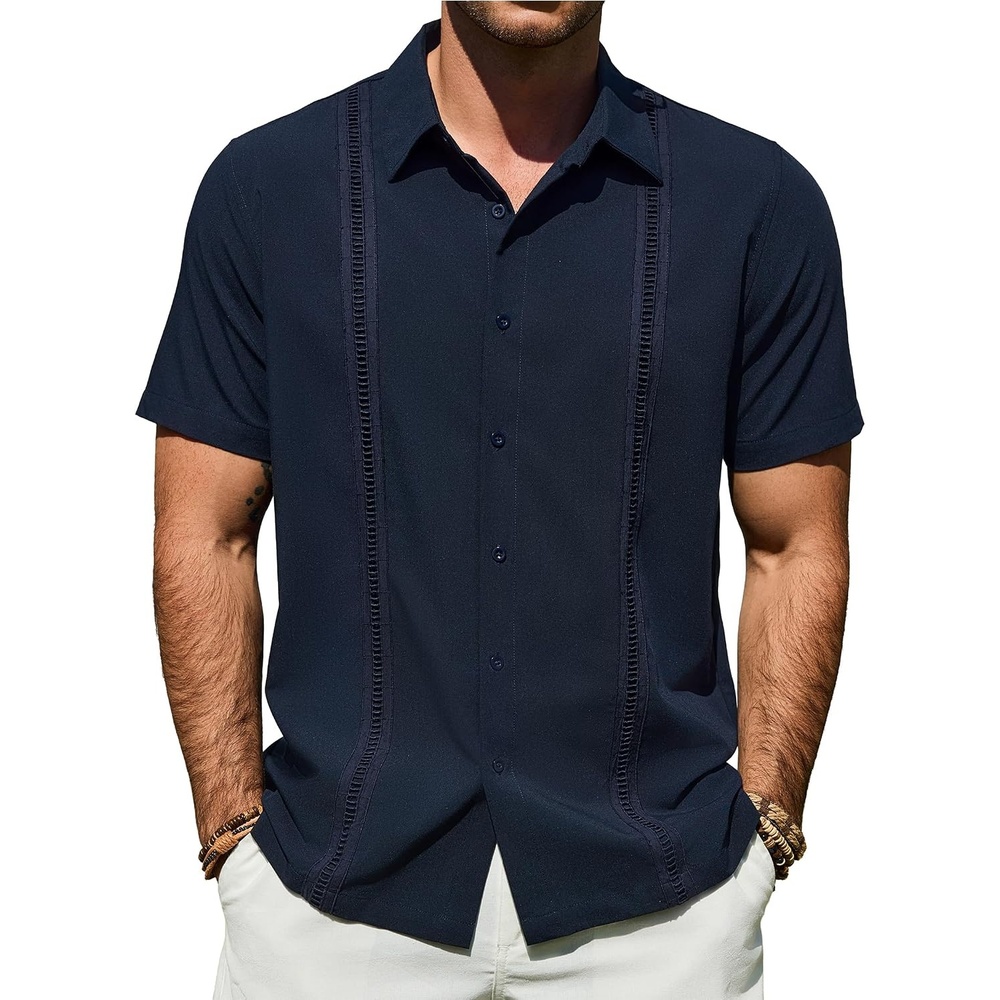 image:imageMens Cuban Guayabera Short Sleeve Button Down Shirt Casual Beach Summer Lightweight Breathable Collared Untucked Daily Wear Cruise Dinner Resort Walk Vacation Party Wedding SolidNavy Blue