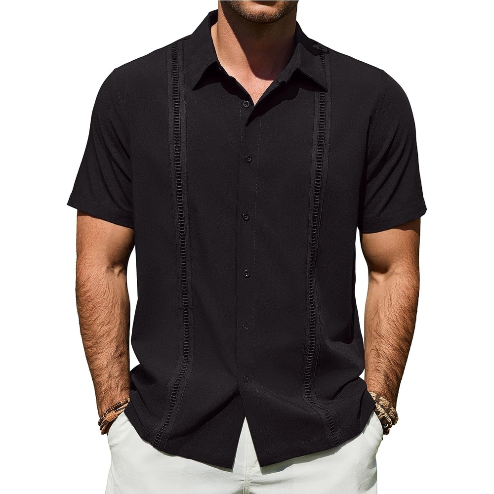 image:imageMens Cuban Guayabera Short Sleeve Button Down Shirt Casual Beach Summer Lightweight Breathable Collared Untucked Daily Wear Cruise Dinner Resort Walk Vacation Party Wedding SolidBlack