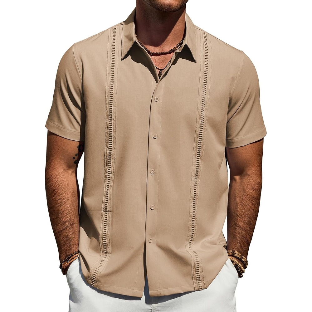 image:imageMens Cuban Guayabera Short Sleeve Button Down Shirt Casual Beach Summer Lightweight Breathable Collared Untucked Daily Wear Cruise Dinner Resort Walk Vacation Party Wedding SolidKahki