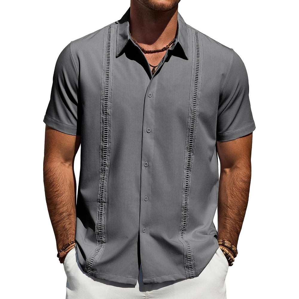 image:imageMens Cuban Guayabera Short Sleeve Button Down Shirt Casual Beach Summer Lightweight Breathable Collared Untucked Daily Wear Cruise Dinner Resort Walk Vacation Party Wedding SolidDeep Grey