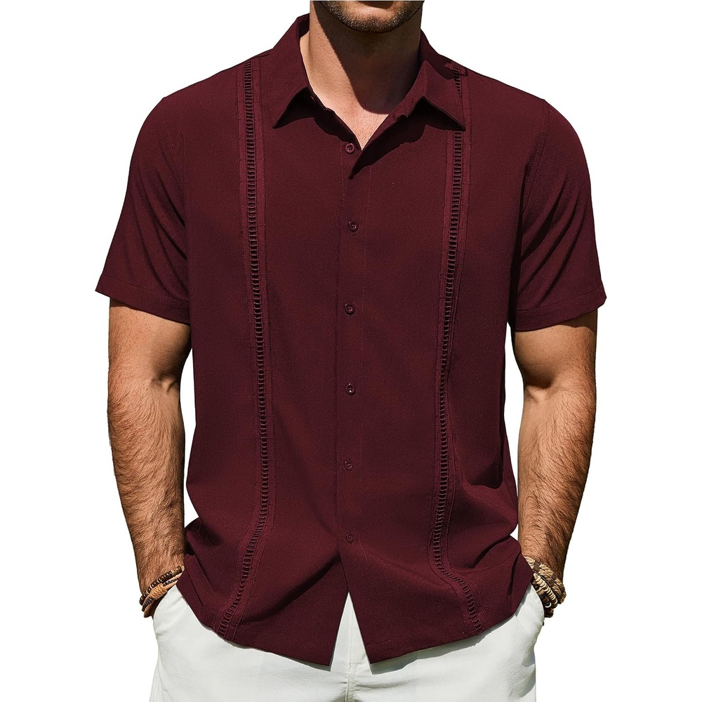 image:imageMens Cuban Guayabera Short Sleeve Button Down Shirt Casual Beach Summer Lightweight Breathable Collared Untucked Daily Wear Cruise Dinner Resort Walk Vacation Party Wedding SolidBurgundy