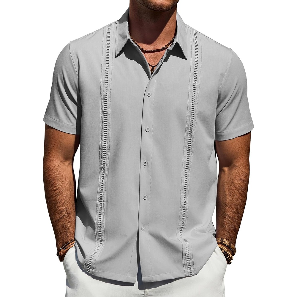 image:imageMens Cuban Guayabera Short Sleeve Button Down Shirt Casual Beach Summer Lightweight Breathable Collared Untucked Daily Wear Cruise Dinner Resort Walk Vacation Party Wedding SolidLight Grey