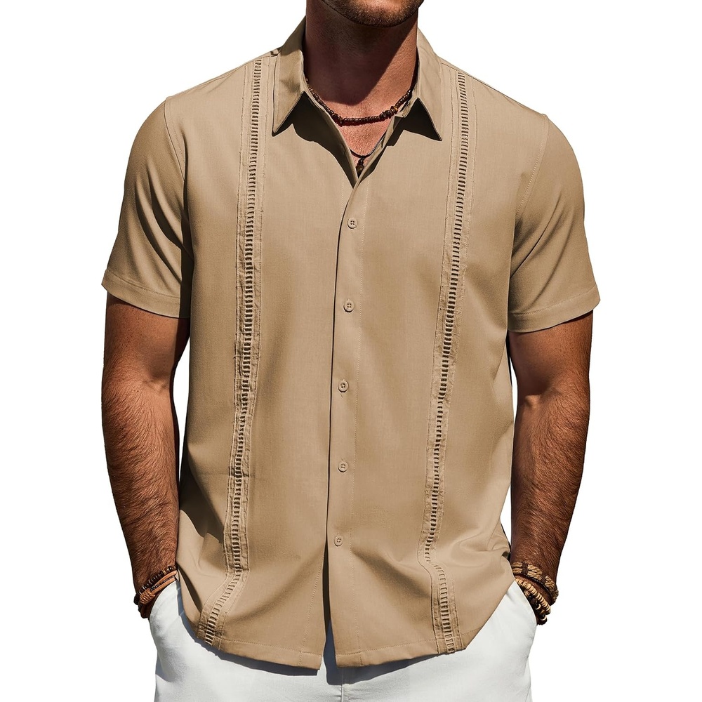 image:imageMens Cuban Guayabera Short Sleeve Button Down Shirt Casual Beach Summer Lightweight Breathable Collared Untucked Daily Wear Cruise Dinner Resort Walk Vacation Party Wedding SolidTan