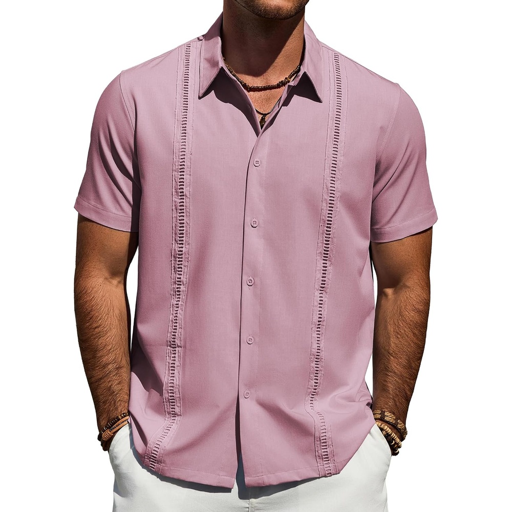 image:imageMens Cuban Guayabera Short Sleeve Button Down Shirt Casual Beach Summer Lightweight Breathable Collared Untucked Daily Wear Cruise Dinner Resort Walk Vacation Party Wedding SolidCoral Pink