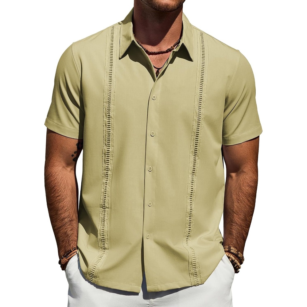 image:imageMens Cuban Guayabera Short Sleeve Button Down Shirt Casual Beach Summer Lightweight Breathable Collared Untucked Daily Wear Cruise Dinner Resort Walk Vacation Party Wedding SolidYellow Green