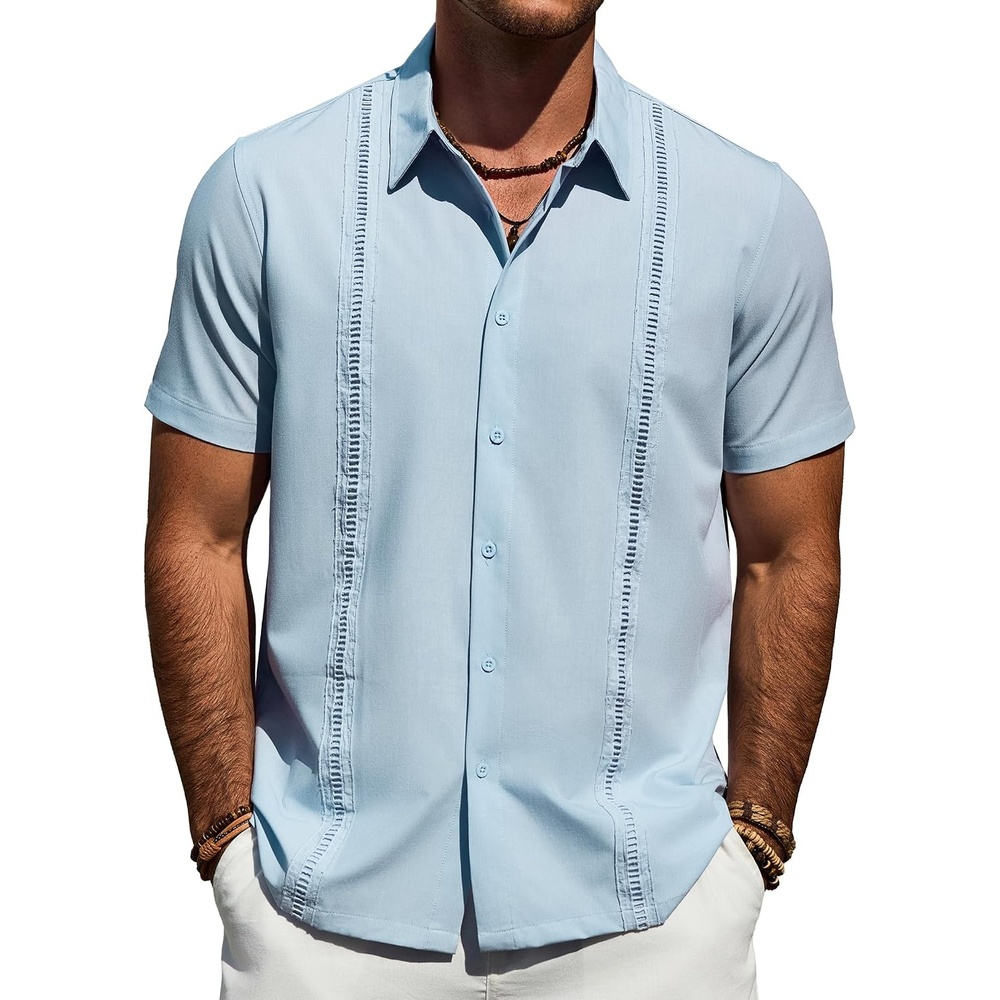 image:imageMens Cuban Guayabera Short Sleeve Button Down Shirt Casual Beach Summer Lightweight Breathable Collared Untucked Daily Wear Cruise Dinner Resort Walk Vacation Party Wedding SolidLight Blue