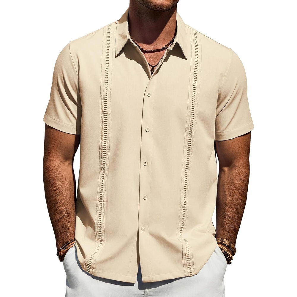 image:imageMens Cuban Guayabera Short Sleeve Button Down Shirt Casual Beach Summer Lightweight Breathable Collared Untucked Daily Wear Cruise Dinner Resort Walk Vacation Party Wedding SolidBeige