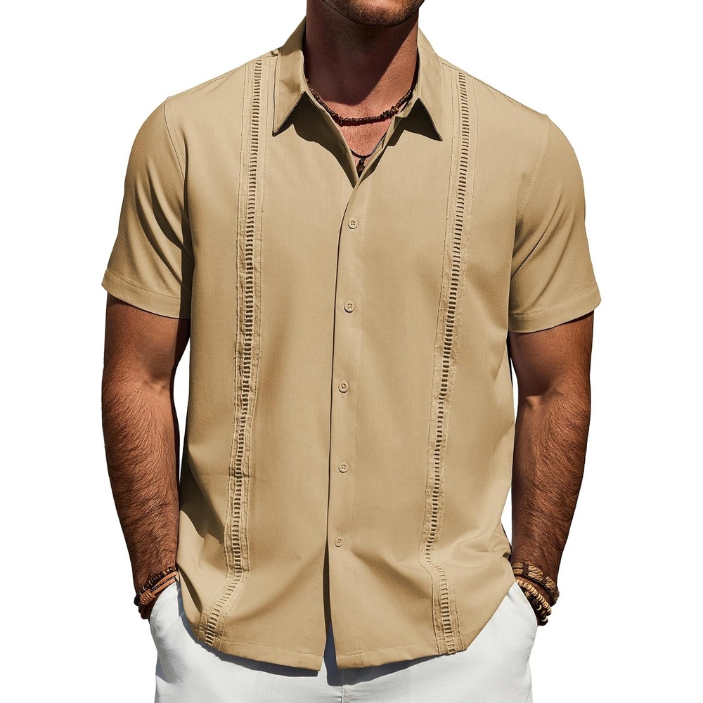 image:imageMens Cuban Guayabera Short Sleeve Button Down Shirt Casual Beach Summer Lightweight Breathable Collared Untucked Daily Wear Cruise Dinner Resort Walk Vacation Party Wedding SolidYellow