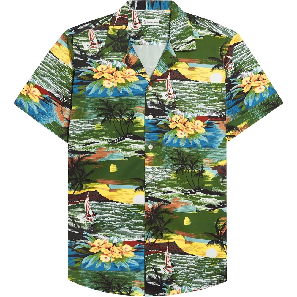 image:imageMens Hawaiian Shirt Summer Beach Casual Short Sleeve Button Down Shirts Aloha Tropical Print Cuban Collar Relaxed Fit for Vacation Beach Party Luau Cruise Holiday Summer Outdoor WeddingBrown Green Beach