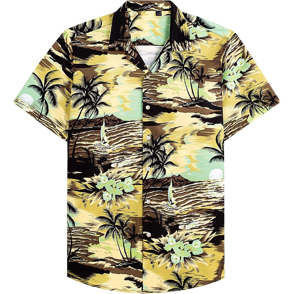 image:imageMens Hawaiian Shirt Summer Beach Casual Short Sleeve Button Down Shirts Aloha Tropical Print Cuban Collar Relaxed Fit for Vacation Beach Party Luau Cruise Holiday Summer Outdoor WeddingYellow Beach