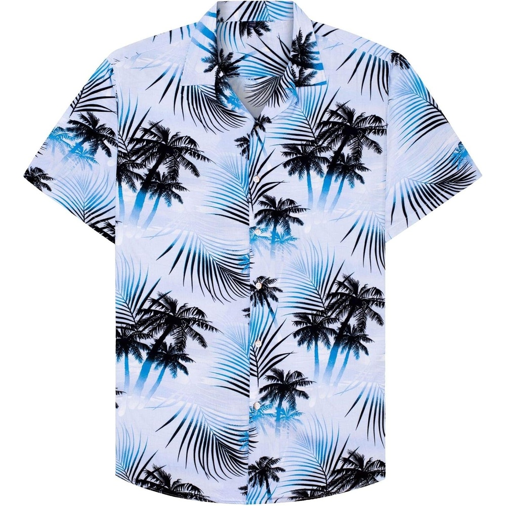 image:imageMens Hawaiian Shirt Summer Beach Casual Short Sleeve Button Down Shirts Aloha Tropical Print Cuban Collar Relaxed Fit for Vacation Beach Party Luau Cruise Holiday Summer Outdoor WeddingBlue White Palm