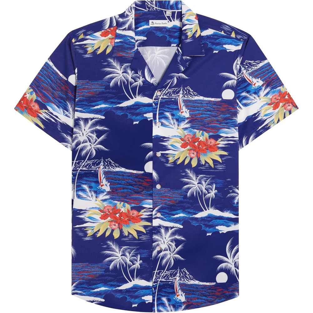 image:imageMens Hawaiian Shirt Summer Beach Casual Short Sleeve Button Down Shirts Aloha Tropical Print Cuban Collar Relaxed Fit for Vacation Beach Party Luau Cruise Holiday Summer Outdoor WeddingBright Blue Beach