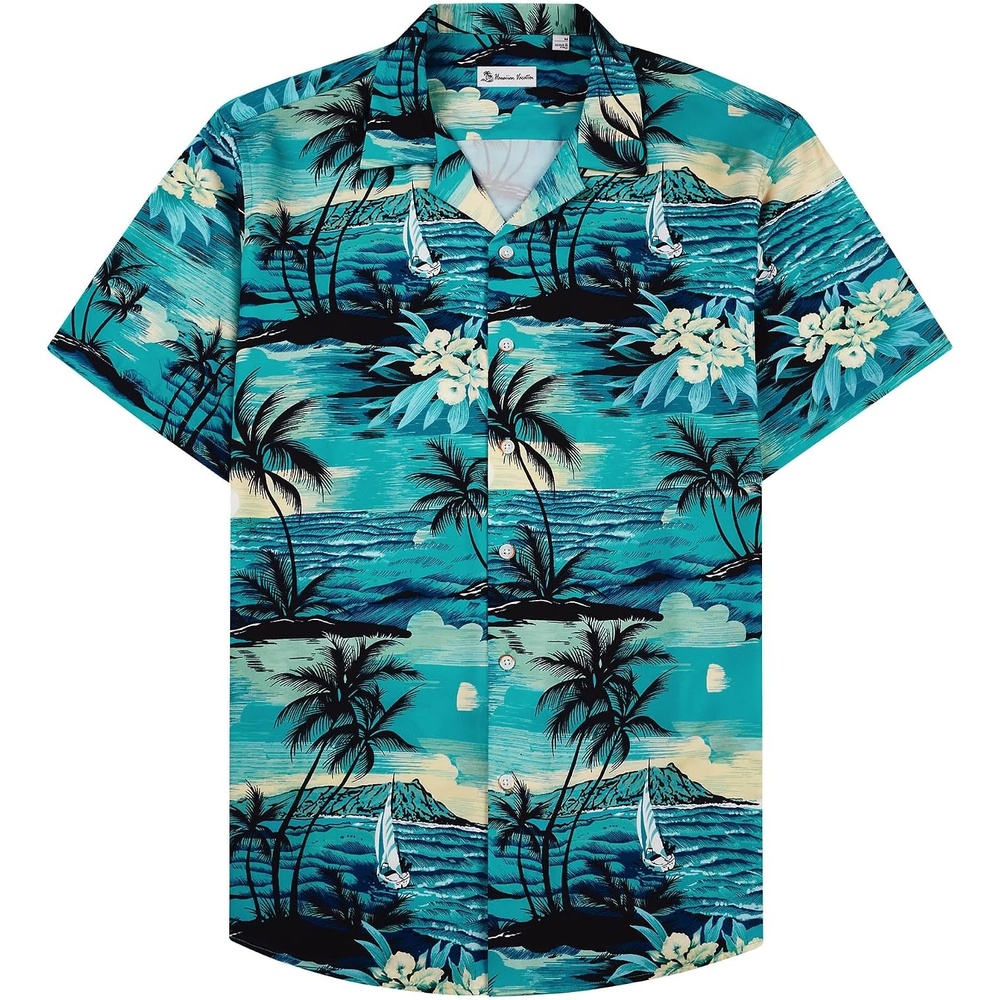 image:imageMens Hawaiian Shirt Summer Beach Casual Short Sleeve Button Down Shirts Aloha Tropical Print Cuban Collar Relaxed Fit for Vacation Beach Party Luau Cruise Holiday Summer Outdoor WeddingDark Green Beach