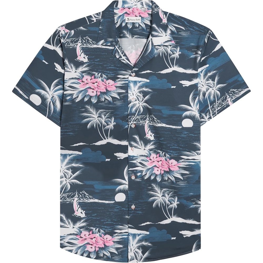 image:imageMens Hawaiian Shirt Summer Beach Casual Short Sleeve Button Down Shirts Aloha Tropical Print Cuban Collar Relaxed Fit for Vacation Beach Party Luau Cruise Holiday Summer Outdoor WeddingDark Blue Beach