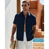 Mens Cuban Guayabera Short Sleeve Button Down Shirt Casual Beach Summer | Lightweight, Breathable, Collared, Untucked, Daily Wear, Cruise Dinner, Resort Walk, Vacation Party, Wedding, Solid(Navy Blue)