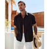 Mens Cuban Guayabera Short Sleeve Button Down Shirt Casual Beach Summer | Lightweight, Breathable, Collared, Untucked, Daily Wear, Cruise Dinner, Resort Walk, Vacation Party, Wedding, Solid(Black)