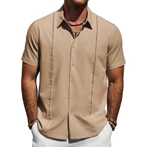 Mens Cuban Guayabera Short Sleeve Button Down Shirt Casual Beach Summer | Lightweight, Breathable, Collared, Untucked, Daily Wear, Cruise Dinner, Resort Walk, Vacation Party, Wedding, Solid(Kahki)