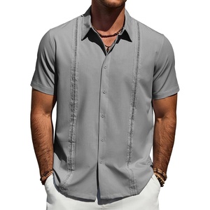 Mens Cuban Guayabera Short Sleeve Button Down Shirt Casual Beach Summer | Lightweight, Breathable, Collared, Untucked, Daily Wear, Cruise Dinner, Resort Walk, Vacation Party, Wedding, Solid(Grey)