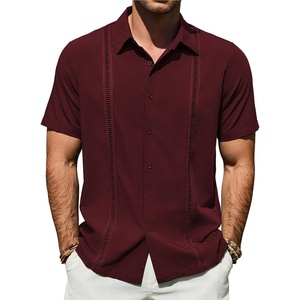 Mens Cuban Guayabera Short Sleeve Button Down Shirt Casual Beach Summer | Lightweight, Breathable, Collared, Untucked, Daily Wear, Cruise Dinner, Resort Walk, Vacation Party, Wedding, Solid(Burgundy)