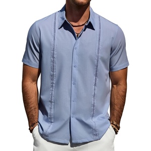 Mens Cuban Guayabera Short Sleeve Button Down Shirt Casual Beach Summer | Lightweight, Breathable, Collared, Untucked, Daily Wear, Cruise Dinner, Resort Walk, Vacation Party, Wedding, Solid(Dusty Blue)
