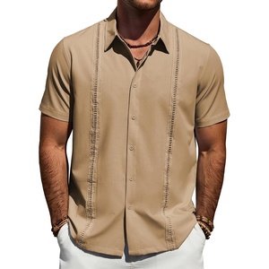 Mens Cuban Guayabera Short Sleeve Button Down Shirt Casual Beach Summer | Lightweight, Breathable, Collared, Untucked, Daily Wear, Cruise Dinner, Resort Walk, Vacation Party, Wedding, Solid(Tan)