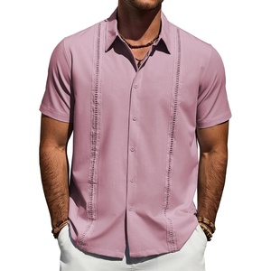 Mens Cuban Guayabera Short Sleeve Button Down Shirt Casual Beach Summer | Lightweight, Breathable, Collared, Untucked, Daily Wear, Cruise Dinner, Resort Walk, Vacation Party, Wedding, Solid(Coral Pink)