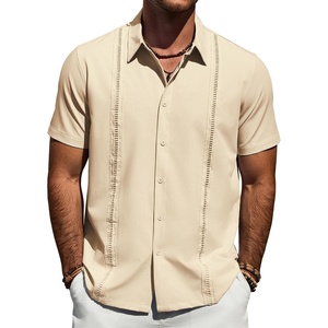 Mens Cuban Guayabera Short Sleeve Button Down Shirt Casual Beach Summer | Lightweight, Breathable, Collared, Untucked, Daily Wear, Cruise Dinner, Resort Walk, Vacation Party, Wedding, Solid(Beige)
