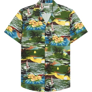 Mens Hawaiian Shirt Summer Beach Casual Short Sleeve Button Down Shirts | Aloha Tropical Print, Cuban Collar, Relaxed Fit, for Vacation Beach Party Luau, Cruise, Holiday, Summer Outdoor Wedding(Brown Green Beach)