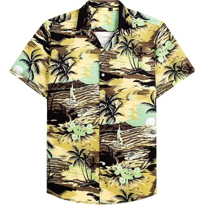 Mens Hawaiian Shirt Summer Beach Casual Short Sleeve Button Down Shirts | Aloha Tropical Print, Cuban Collar, Relaxed Fit, for Vacation Beach Party Luau, Cruise, Holiday, Summer Outdoor Wedding(Yellow Beach)