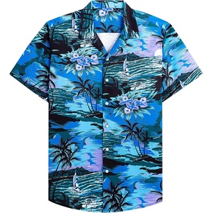 Mens Hawaiian Shirt Summer Beach Casual Short Sleeve Button Down Shirts | Aloha Tropical Print, Cuban Collar, Relaxed Fit, for Vacation Beach Party Luau, Cruise, Holiday, Summer Outdoor Wedding(Blue Beach)