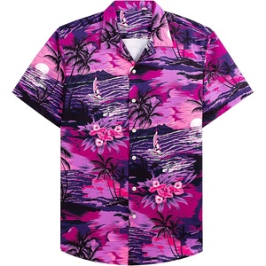 Mens Hawaiian Shirt Summer Beach Casual Short Sleeve Button Down Shirts | Aloha Tropical Print, Cuban Collar, Relaxed Fit, for Vacation Beach Party Luau, Cruise, Holiday, Summer Outdoor Wedding(Rosy Beach)
