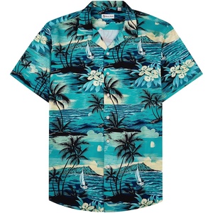 Mens Hawaiian Shirt Summer Beach Casual Short Sleeve Button Down Shirts | Aloha Tropical Print, Cuban Collar, Relaxed Fit, for Vacation Beach Party Luau, Cruise, Holiday, Summer Outdoor Wedding(Dark Green Beach)