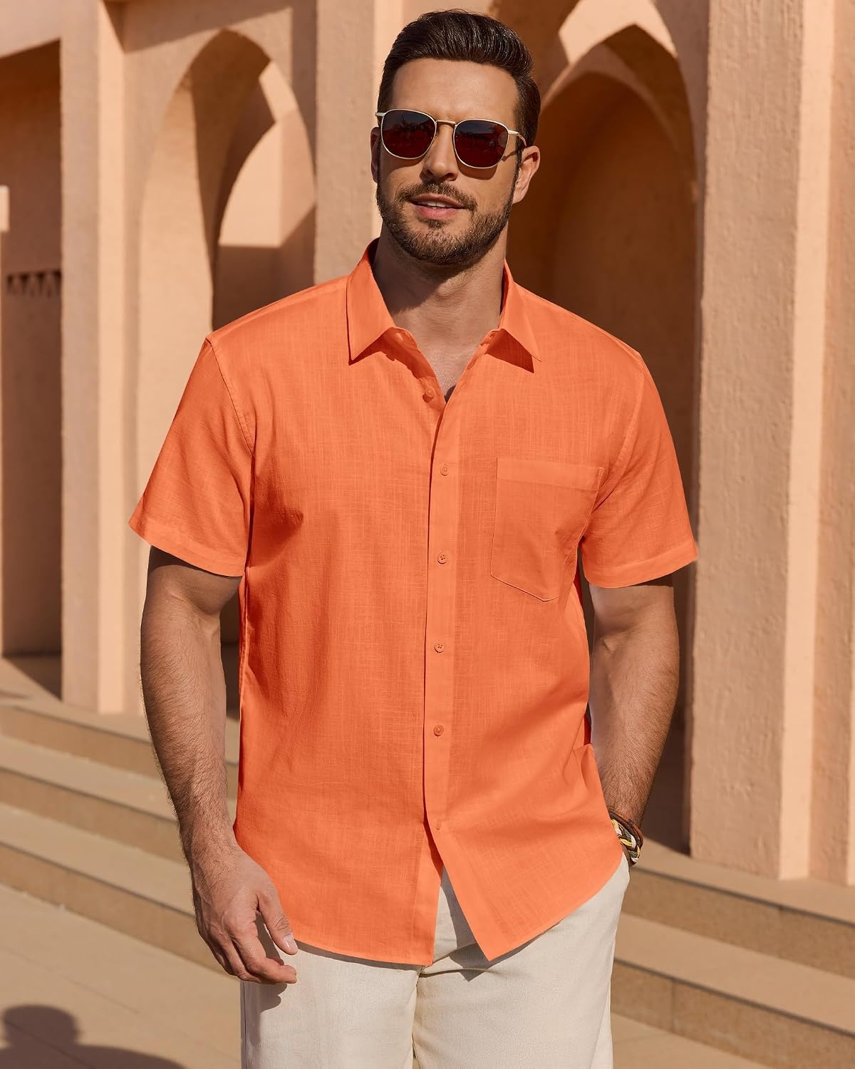 image:imageAlimens amp Gentle Mens Cotton Linen Short Sleeve Shirts Casual Solid Button Down Shirt Beach Summer Vacation Tops Orange 3XL
