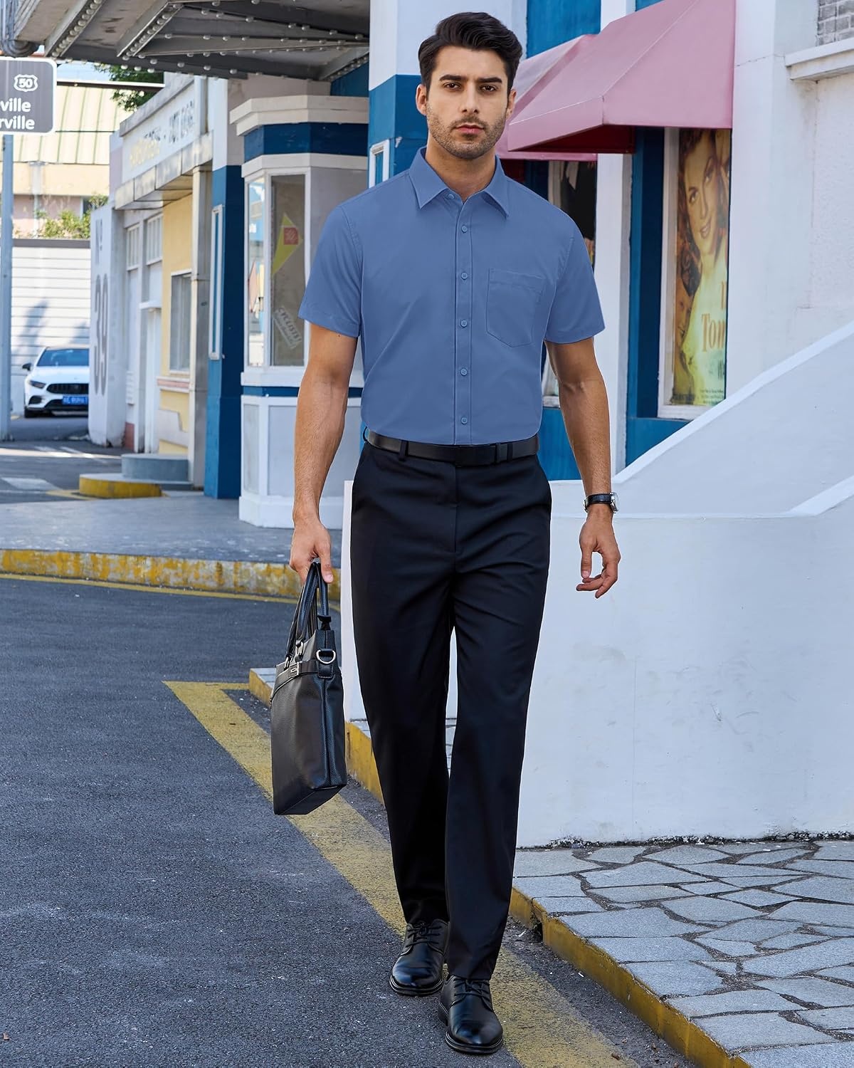 image:imageAlimens amp Gentle Mens Dress Shirt Short Sleeve Pocket Button Down ShirtDusty Blue