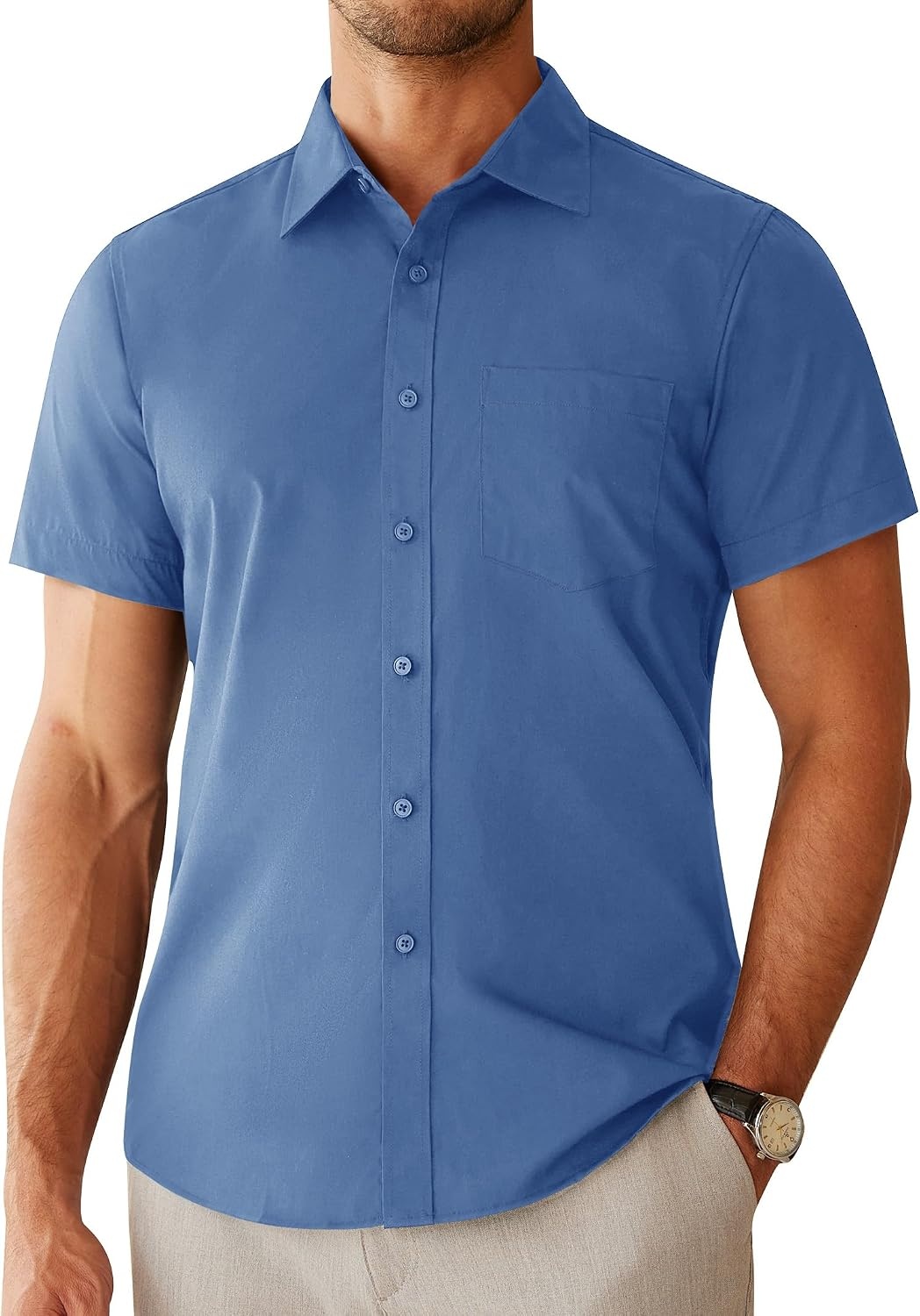 image:imageAlimens amp Gentle Mens Dress Shirt Short Sleeve Pocket Button Down ShirtDusty Blue