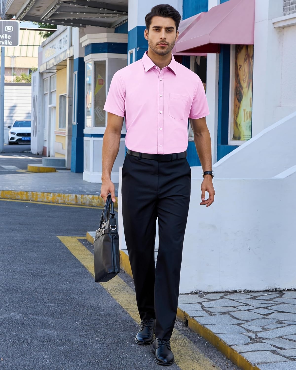 image:imageAlimens amp Gentle Mens Dress Shirt Short Sleeve Pocket Button Down ShirtPink