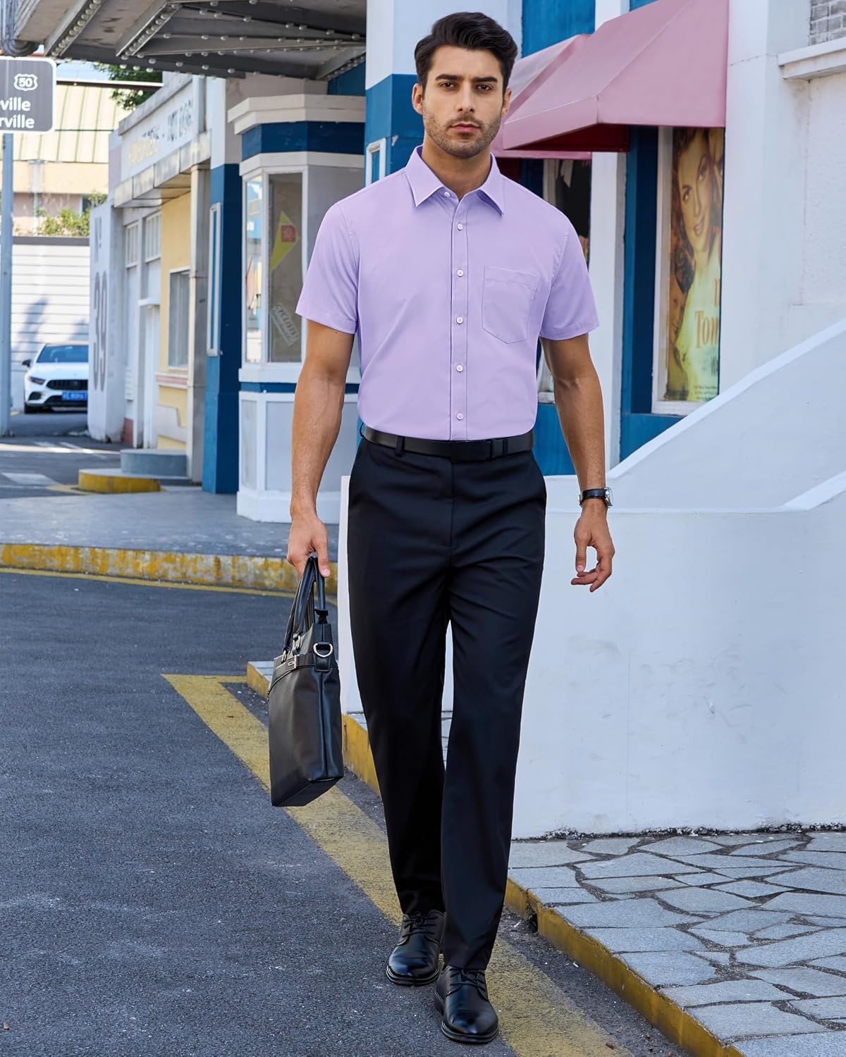 image:imageAlimens amp Gentle Mens Dress Shirt Short Sleeve Pocket Button Down ShirtPurple
