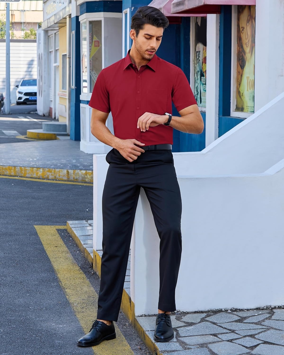 image:imageAlimens amp Gentle Mens Dress Shirt Short Sleeve Pocket Button Down ShirtRed