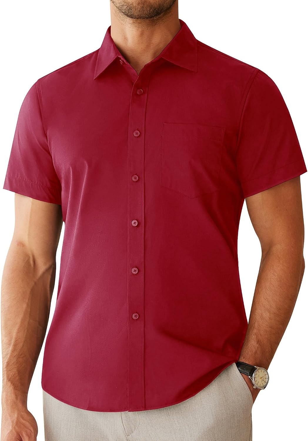 image:imageAlimens amp Gentle Mens Dress Shirt Short Sleeve Pocket Button Down ShirtRed