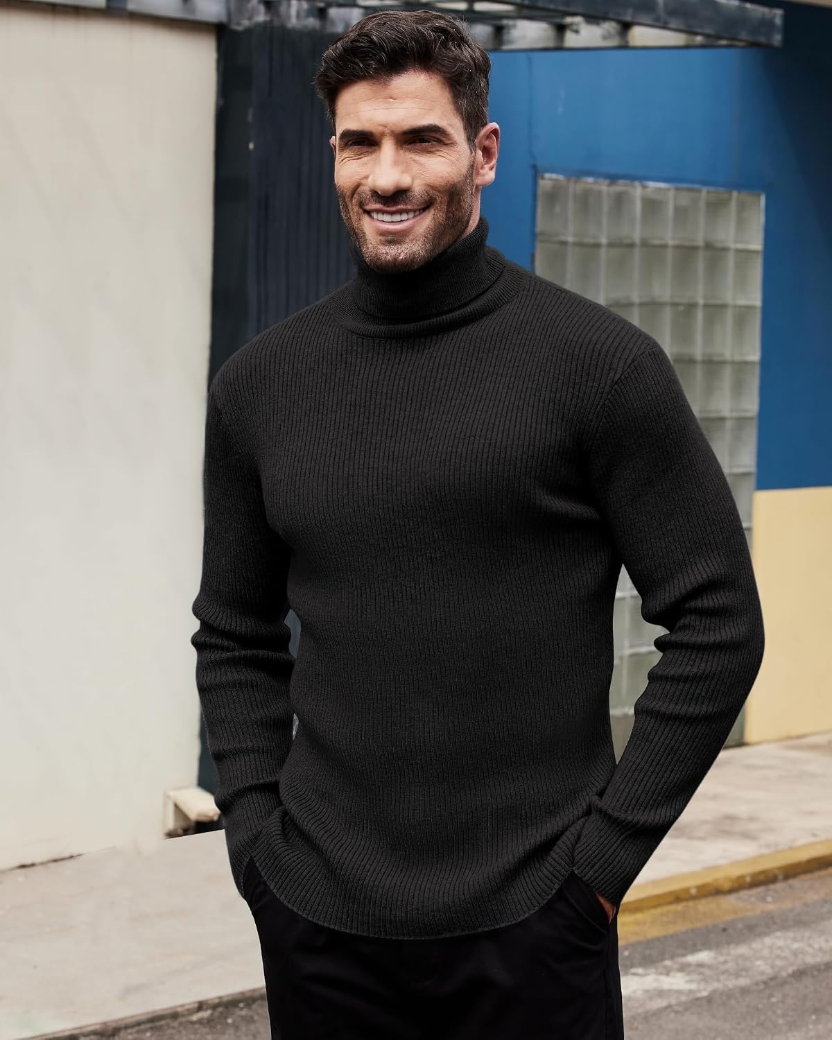 image:imageAlimens amp Gentle Mens Turtleneck Sweater Slim Fit Cable Knitted Casual Pullover Lightweight Ribbed Long Sleeve SweatersBlack