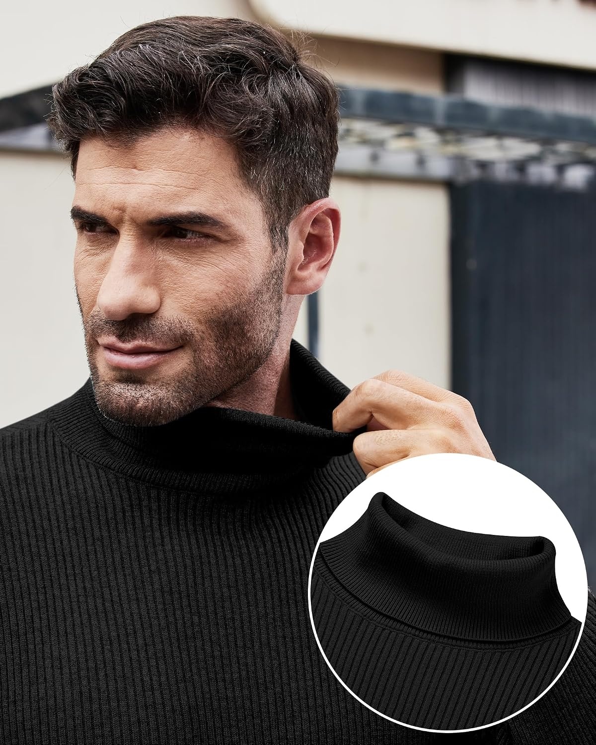 image:imageAlimens amp Gentle Mens Turtleneck Sweater Slim Fit Cable Knitted Casual Pullover Lightweight Ribbed Long Sleeve SweatersBlack
