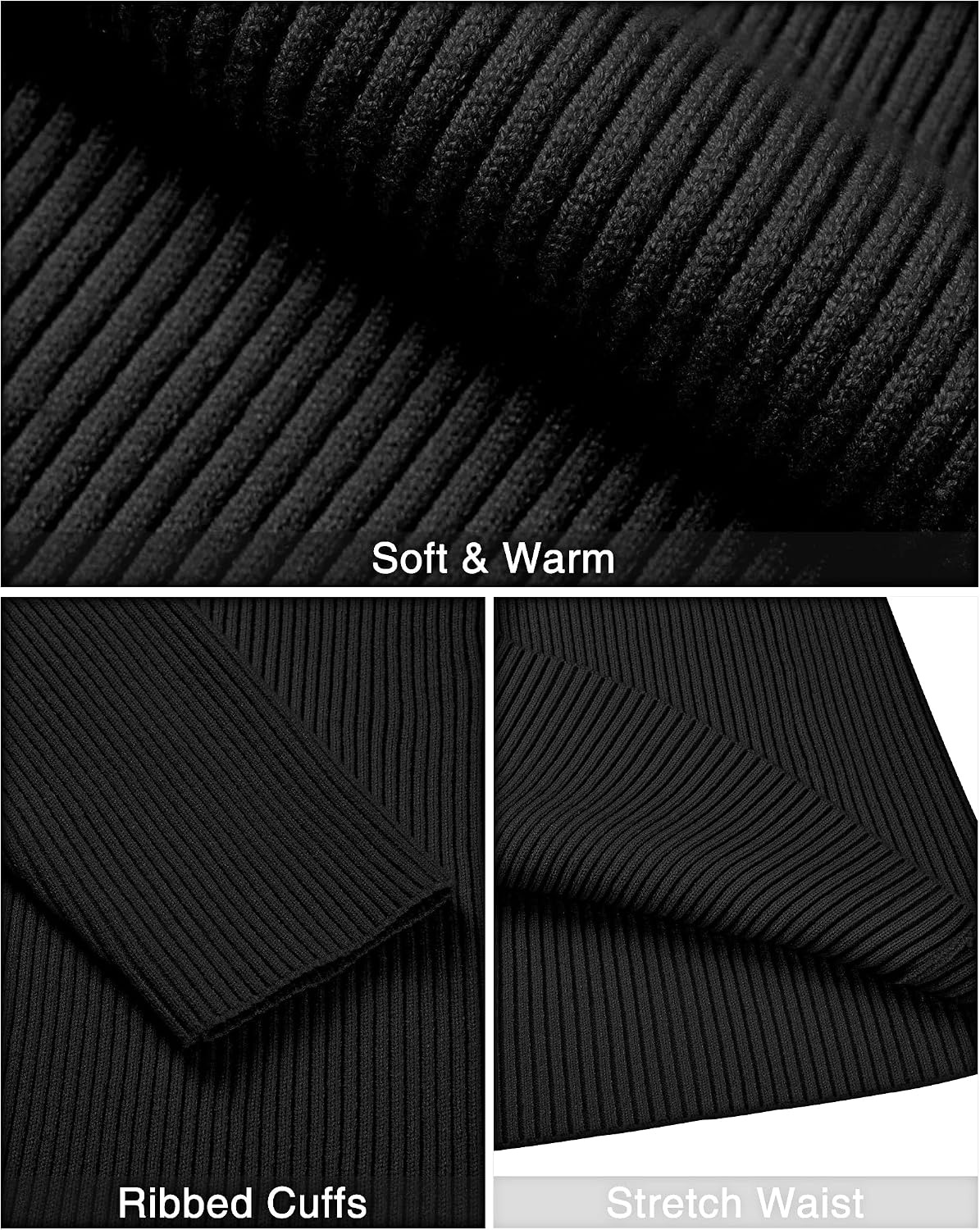 image:imageAlimens amp Gentle Mens Turtleneck Sweater Slim Fit Cable Knitted Casual Pullover Lightweight Ribbed Long Sleeve SweatersBlack