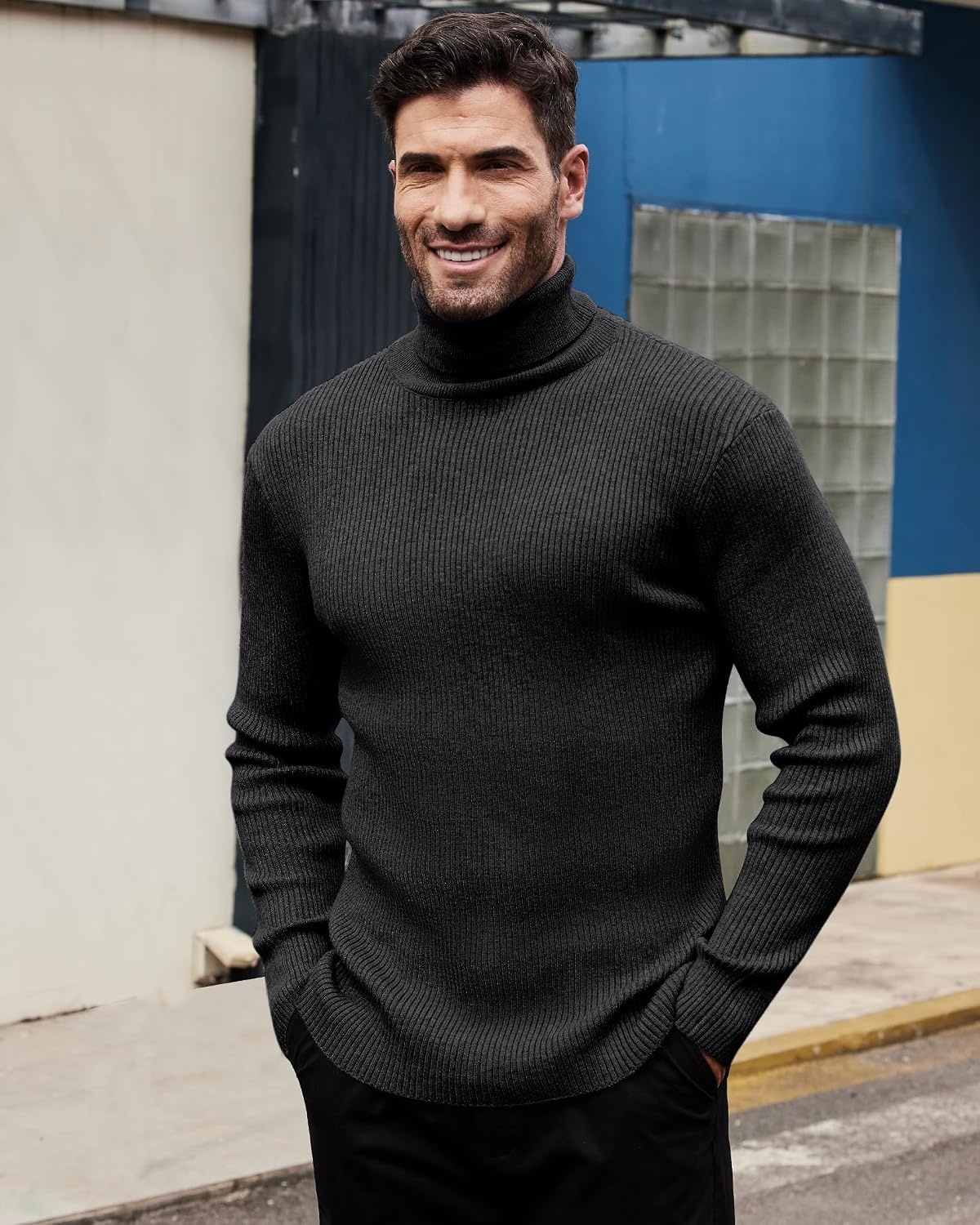 image:imageAlimens amp Gentle Mens Turtleneck Sweater Slim Fit Cable Knitted Casual Pullover Lightweight Ribbed Long Sleeve SweatersDark Grey