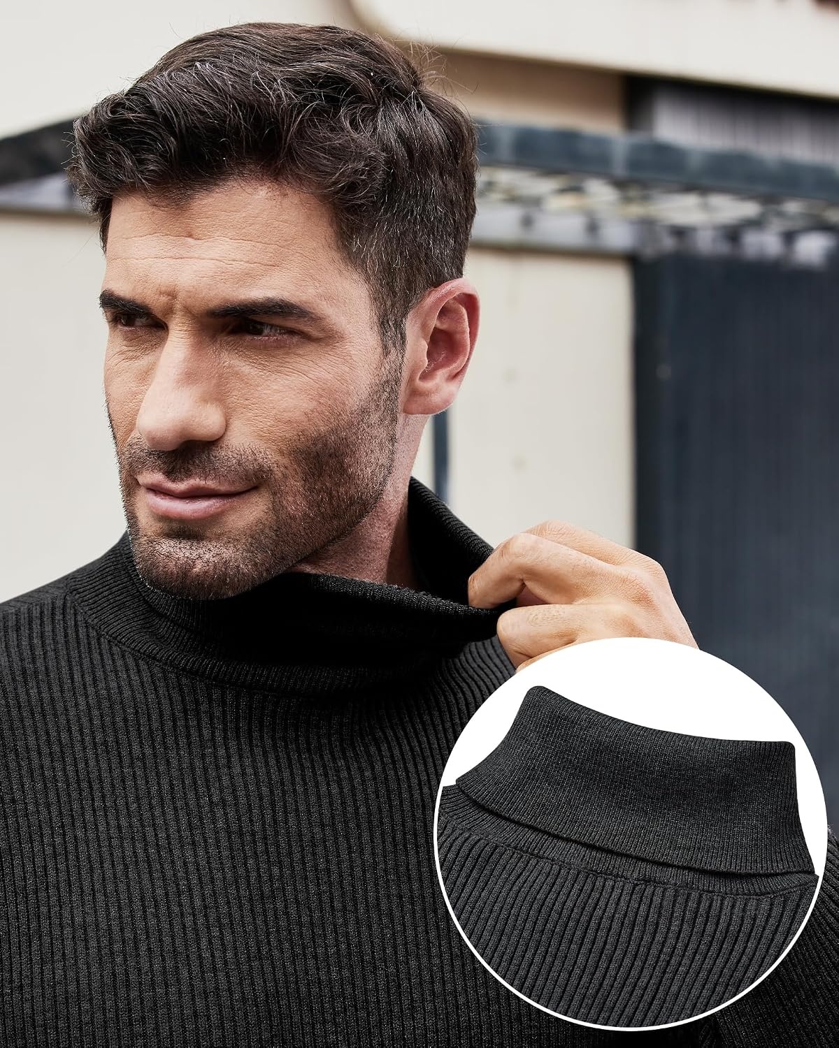 image:imageAlimens amp Gentle Mens Turtleneck Sweater Slim Fit Cable Knitted Casual Pullover Lightweight Ribbed Long Sleeve SweatersDark Grey