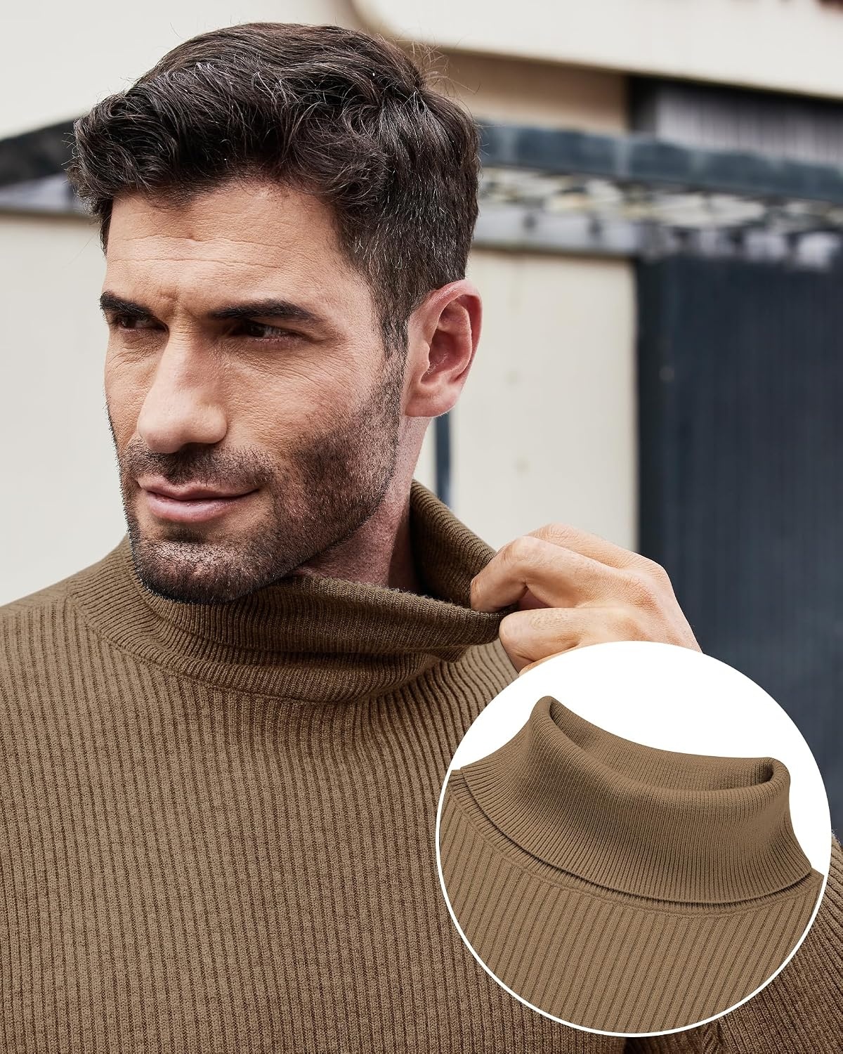 image:imageAlimens amp Gentle Mens Turtleneck Sweater Slim Fit Cable Knitted Casual Pullover Lightweight Ribbed Long Sleeve SweatersKhaki