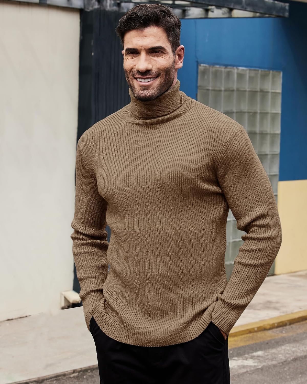 image:imageAlimens amp Gentle Mens Turtleneck Sweater Slim Fit Cable Knitted Casual Pullover Lightweight Ribbed Long Sleeve SweatersKhaki