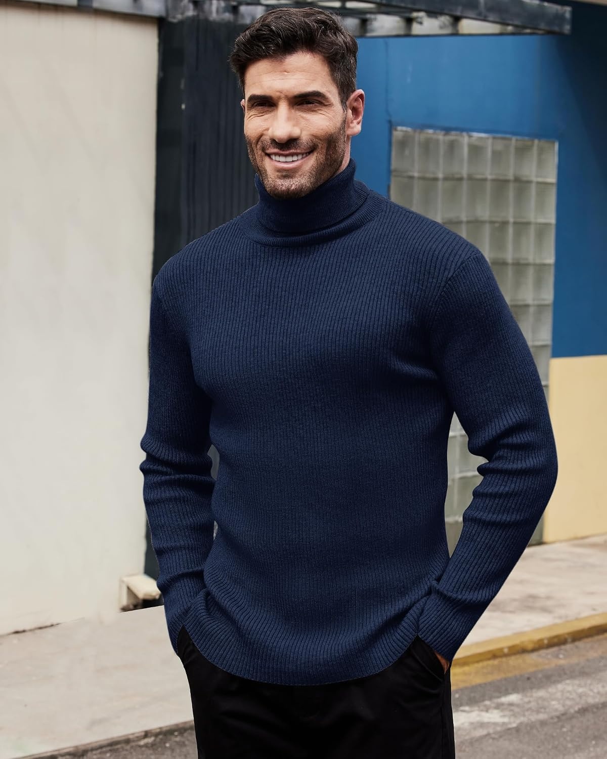 image:imageAlimens amp Gentle Mens Turtleneck Sweater Slim Fit Cable Knitted Casual Pullover Lightweight Ribbed Long Sleeve SweatersNavy Blue
