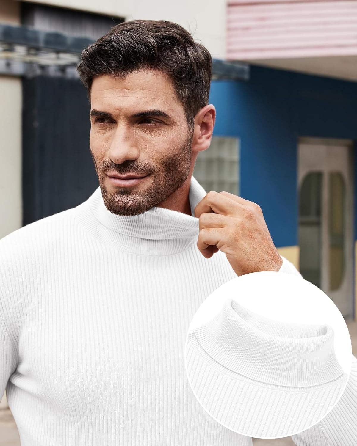 image:imageAlimens amp Gentle Mens Turtleneck Sweater Slim Fit Cable Knitted Casual Pullover Lightweight Ribbed Long Sleeve SweatersWhite