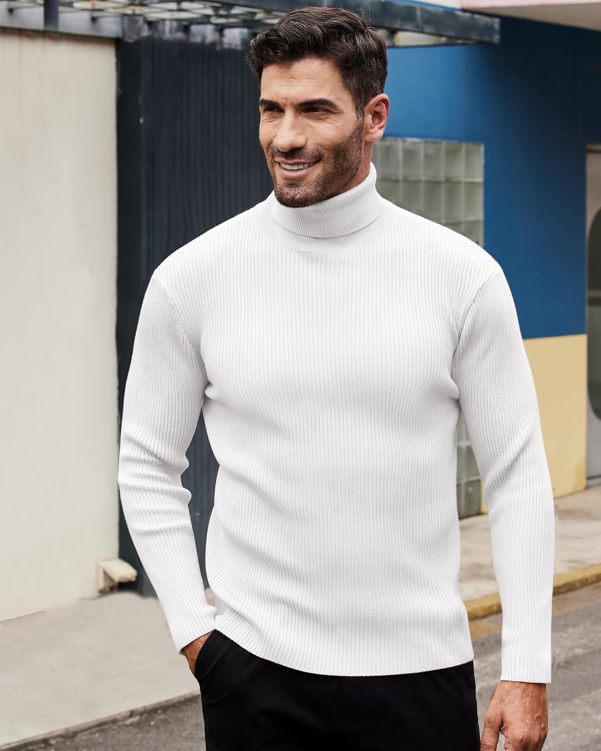 image:imageAlimens amp Gentle Mens Turtleneck Sweater Slim Fit Cable Knitted Casual Pullover Lightweight Ribbed Long Sleeve SweatersWhite
